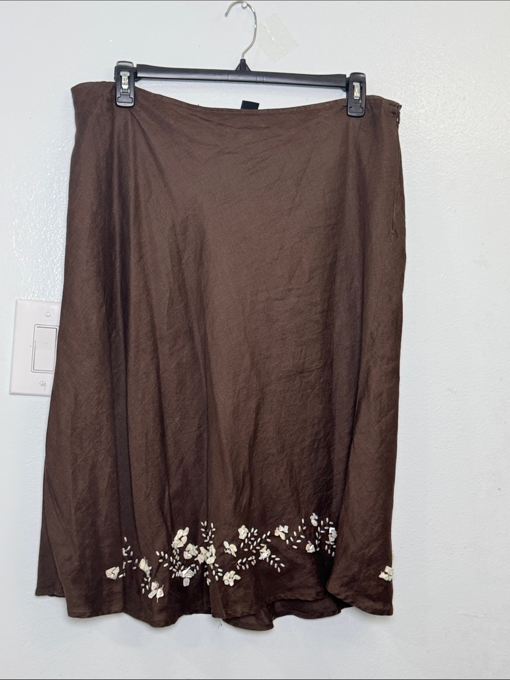 SilkLand Brown Midi Skirt with Cream Floral Hem